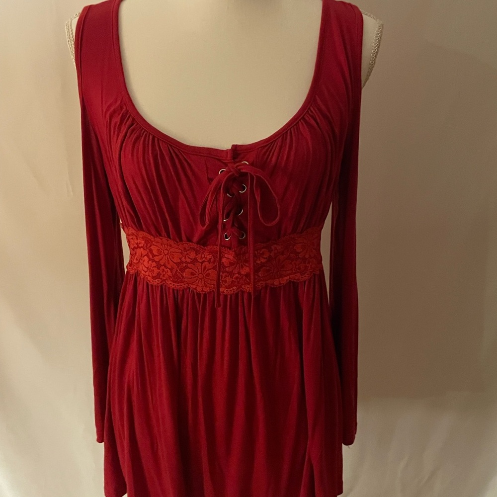 Casual Red Lace-Up Blouse